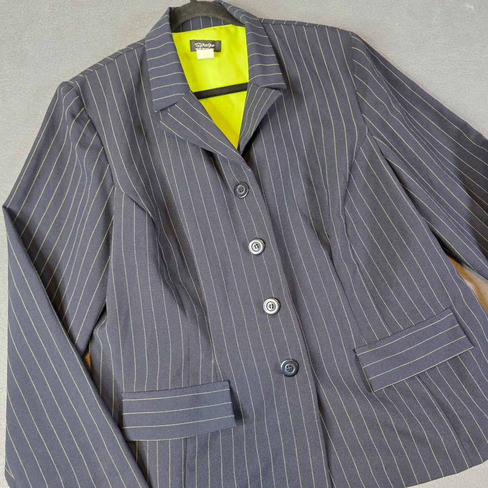 Spago Pinstripe Blazer Women XL Navy Blue Button Up Professional Coat Preppy